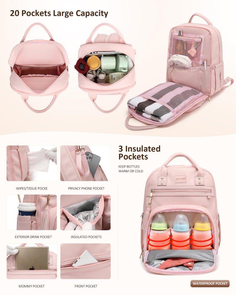 ROSEGIN Premium Vegan Leather Diaper Bag Backpack with Waterproof Changing Pad, Reinforced Zippers & Odor-Free, 20 Pockets Pro Organizer, Fits 15.6" Laptop, Stroller Straps, Baby Bag for Mom, Pink - Image 2