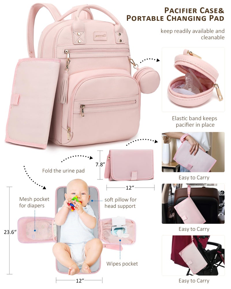 ROSEGIN Premium Vegan Leather Diaper Bag Backpack with Waterproof Changing Pad, Reinforced Zippers & Odor-Free, 20 Pockets Pro Organizer, Fits 15.6" Laptop, Stroller Straps, Baby Bag for Mom, Pink - Image 4