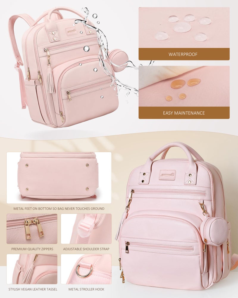 ROSEGIN Premium Vegan Leather Diaper Bag Backpack with Waterproof Changing Pad, Reinforced Zippers & Odor-Free, 20 Pockets Pro Organizer, Fits 15.6" Laptop, Stroller Straps, Baby Bag for Mom, Pink - Image 5