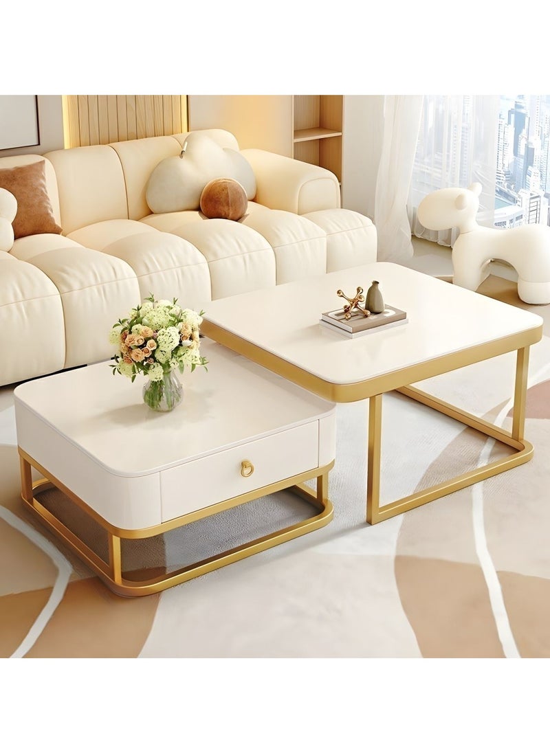 DubaiGallery Set of 2 Stackable Coffee Tables for Living Room, Round Elegant Nest Side Tables, Stacking Marble Texture & Metal Coffee Nesting End Tables (Color : White Frame - White+White  - Image 2