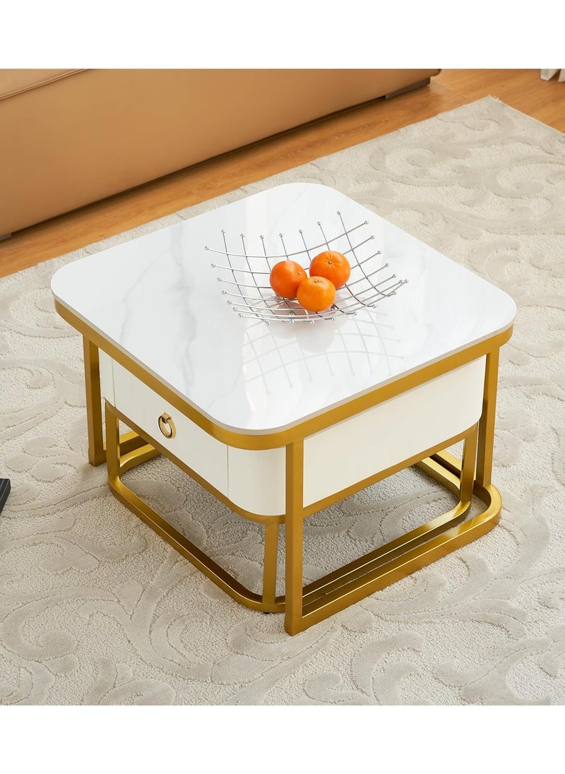 DubaiGallery Set of 2 Stackable Coffee Tables for Living Room, Round Elegant Nest Side Tables, Stacking Marble Texture & Metal Coffee Nesting End Tables (Color : White Frame - White+White  - Image 4
