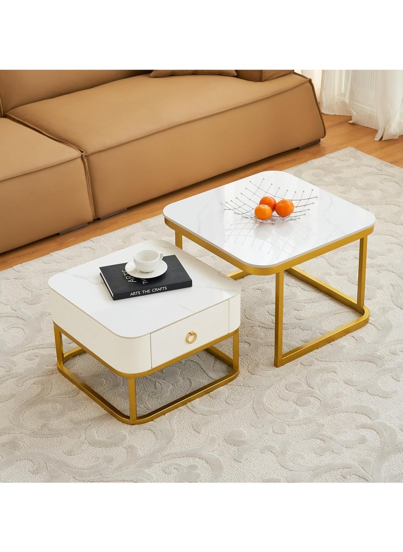 DubaiGallery Set of 2 Stackable Coffee Tables for Living Room, Round Elegant Nest Side Tables, Stacking Marble Texture & Metal Coffee Nesting End Tables (Color : White Frame - White+White  - Image 3