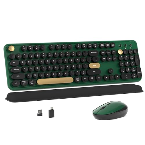 MPTOG Colorful Wireless Computer Keyboard and Mouse Combo with Round Typewriter Keycaps Retro Design Power Switch Ergonomic Design 24GHz Wireless for Windows Mac PCDark Green - Image 1
