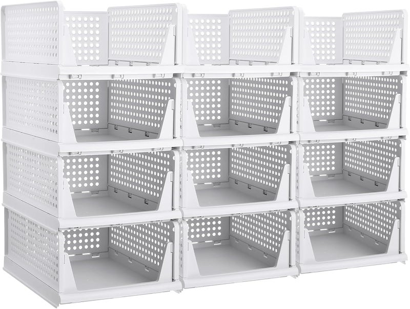JEYANG Folding Wardrobe Organizer Plastic Stackable Clothe Closet Self Storage Container Rectangular Cupboard for Kitchen Home and Bathroom White Pack of 12 Large White - Image 1