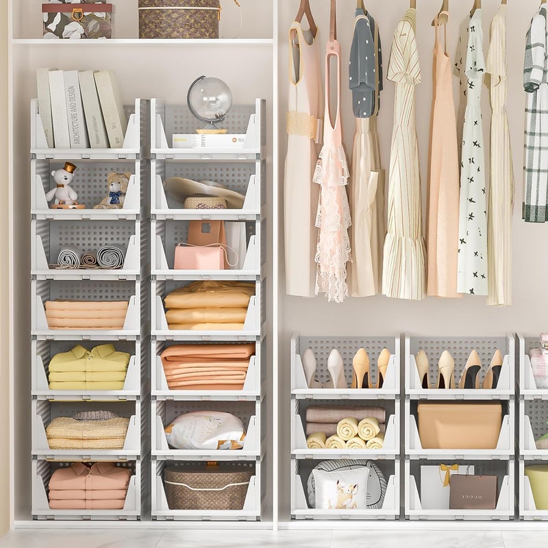 JEYANG Folding Wardrobe Organizer Plastic Stackable Clothe Closet Self Storage Container Rectangular Cupboard for Kitchen Home and Bathroom White Pack of 12 Large White - Image 4