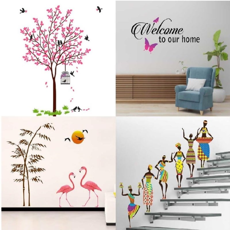 MERICAL Set of 4 Pink Tree Bird & Nest, Sunset swan Love, Tribal Lady, Welcome Home Butterfly, Wall Sticker for Wall Decor, Living Room, Children Room - Image 1