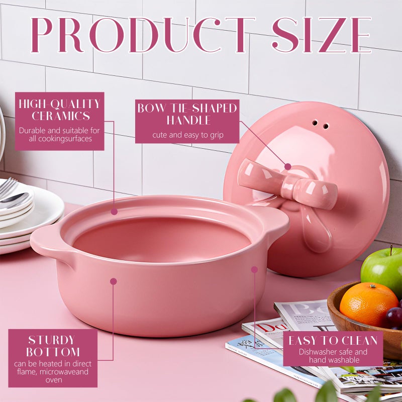 LemonRoad Pink Ceramic Casserole Dish with Lid 2.64 Qt Dutch Oven Pot with Bow Lid Dual Handles Stovetop Safe Braiser, Soup Pot for Baking, Roasting, Serving, Stew Rice Stylish Cookware - Image 4