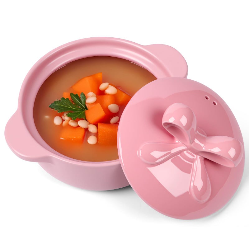 LemonRoad Pink Ceramic Casserole Dish with Lid 2.64 Qt Dutch Oven Pot with Bow Lid Dual Handles Stovetop Safe Braiser, Soup Pot for Baking, Roasting, Serving, Stew Rice Stylish Cookware - Image 2