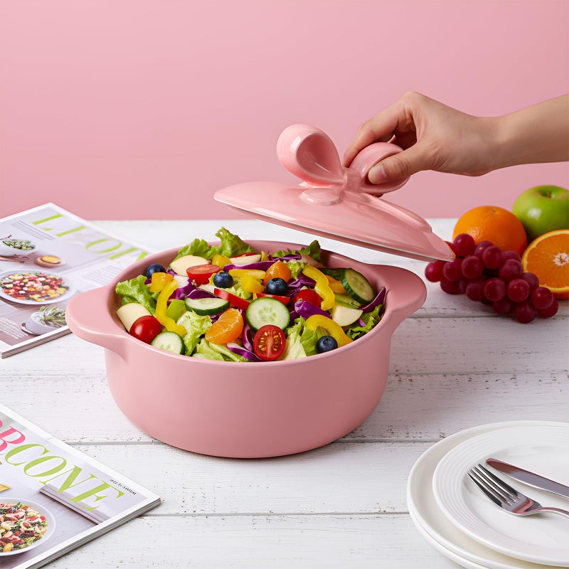 LemonRoad Pink Ceramic Casserole Dish with Lid 2.64 Qt Dutch Oven Pot with Bow Lid Dual Handles Stovetop Safe Braiser, Soup Pot for Baking, Roasting, Serving, Stew Rice Stylish Cookware - Image 5