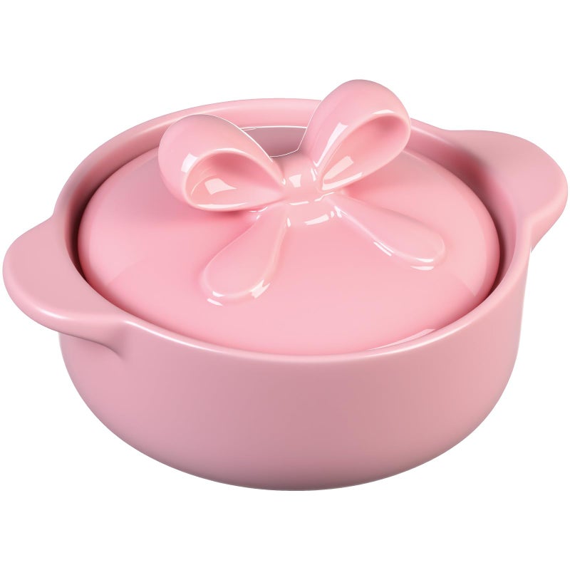 LemonRoad Pink Ceramic Casserole Dish with Lid 2.64 Qt Dutch Oven Pot with Bow Lid Dual Handles Stovetop Safe Braiser, Soup Pot for Baking, Roasting, Serving, Stew Rice Stylish Cookware - Image 1