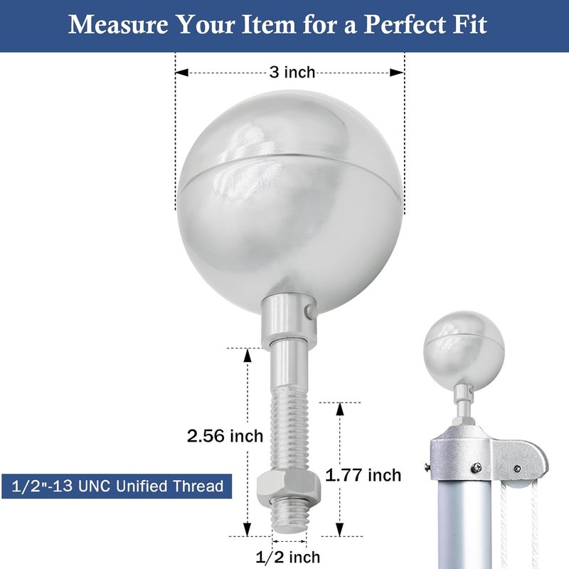 NQ Flag Pole Ball Topper Ornament - Flagpole Top Replacement, Aluminum Anodized Finish - 1/2"-13UNC Threading Fit Most USA Flag Pole,Truck & Solar Light (3", Silver) - Image 3
