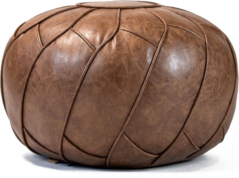 Moderner Faux Leather Pouf Unstuffed Ottoman Moroccan Footstool, Floor Footrest Cushion, Storage Solution - Natural Brown Color (Mocha, Round) - Image 1