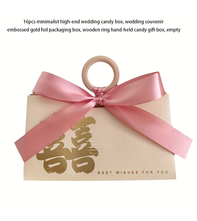 Champagne Wedding Gift Box With Wooden Handle And Pink Ribbon Candy Packaging - Image 4
