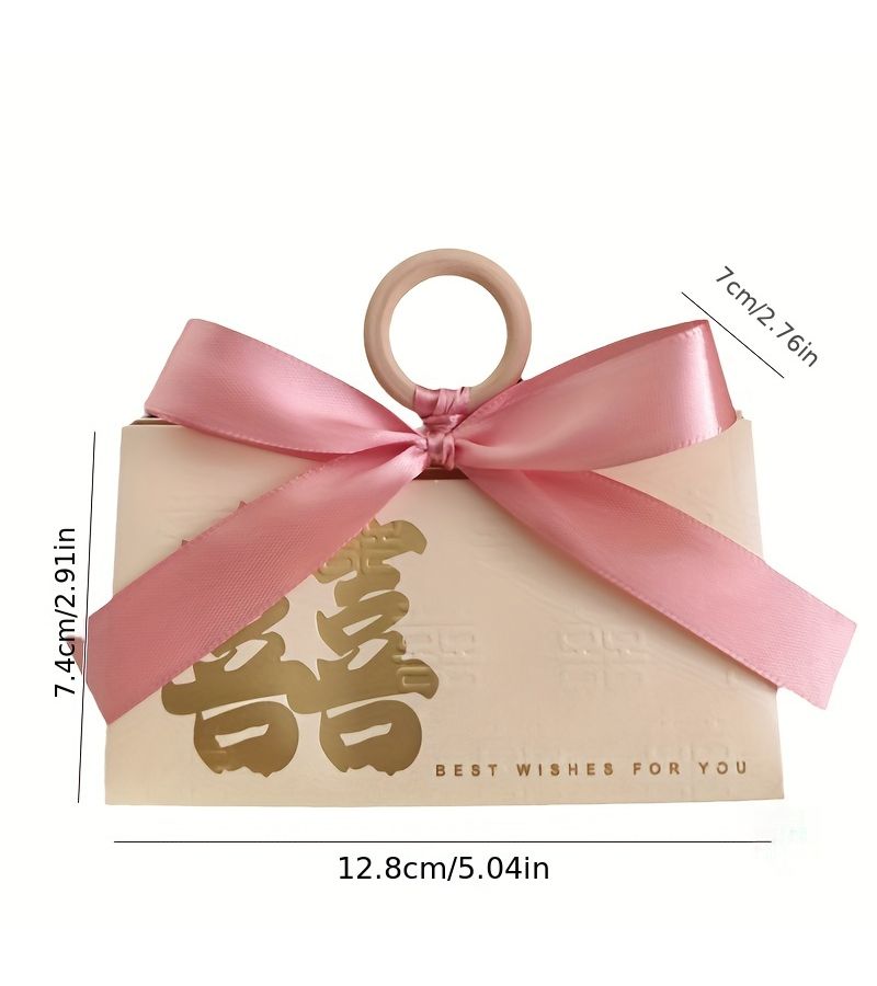 Champagne Wedding Gift Box With Wooden Handle And Pink Ribbon Candy Packaging - Image 3