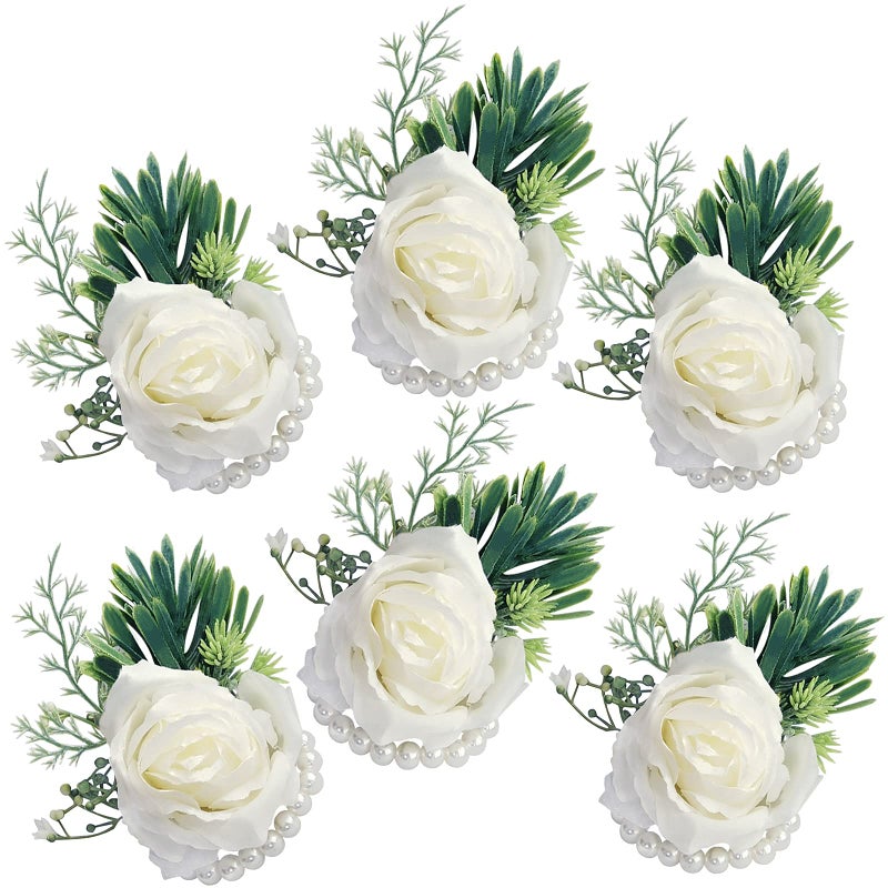 WEIERYUE Artificial Flowers White Rose Wrist Flowers and Mens Corsage Wedding Flowers Ceremony 6pcs White Wrist Corsages