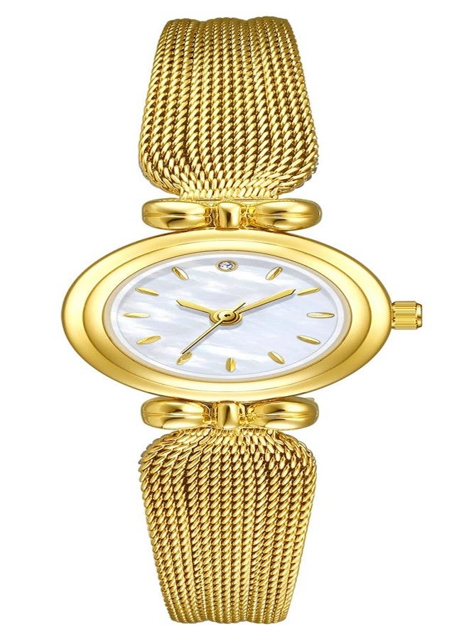 BESTKANG Fashion Simple Women's Quartz Watch Stainless Steel Mesh Strap Elegant Ladies Wrist Watch, Gold white, Fashion Simple - Image 1