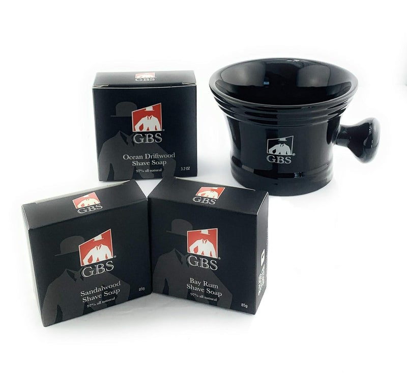 G.B.S GBS Natural Shaving Soap kit Black Shaver Mug Beard Care AllNatural Shaving Soaps Healthy Beard for Mens Grooming Mug Fits up to 4 oz Sandalwood Cedar Pine Shaving Soap 85g Each Soap 