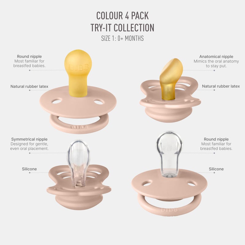 BIBS Try-It Collection | 4-Pack Soothers | BPA-Free Round, Anatomical & Symmetrical Nipple | Natural Rubber Latex/Silicone | Made in Denmark | 0-6 Months | Blush - Image 2