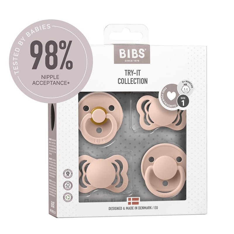 BIBS Try-It Collection | 4-Pack Soothers | BPA-Free Round, Anatomical & Symmetrical Nipple | Natural Rubber Latex/Silicone | Made in Denmark | 0-6 Months | Blush - Image 1