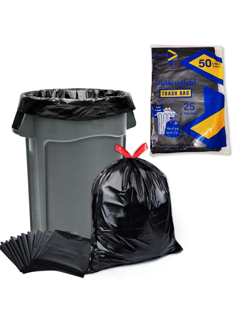 AlsayedP 50 Gallons 25 Trash Bags With Tie Black Heavy Duty Plastic Garbage Bags for Contractor, Industrial, Home, Kitchen, Commercial, Yard, Lawn, Leaf (50 Gallons, 25 Bags)  - Image 1