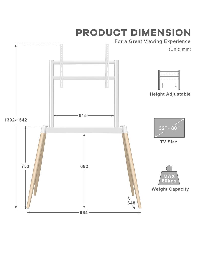 RADIOTRONICS - Easel TV Stand, Modern Easel TV Floor Stand, Artistic Corner TV Stand for 55-86 Inches, Height Adjustable, 4 Legs Studio Display Stand for Bedroom, Living Room (White) - Image 1