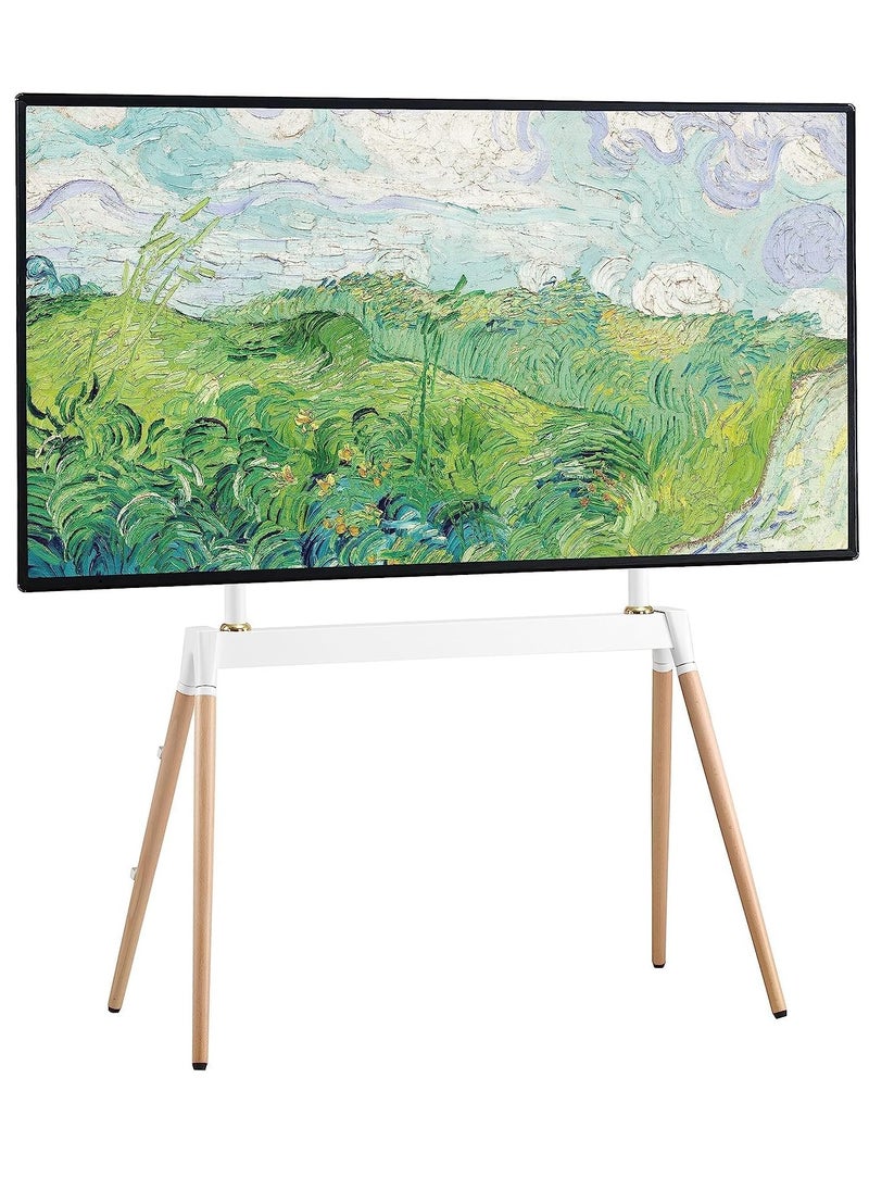 RADIOTRONICS Easel TV Stand, Modern Easel TV Floor Stand, Artistic Corner TV Stand for 55-86 Inches, Height Adjustable, 4 Legs Studio Display Stand for Bedroom, Living Room (White)  - Image 1