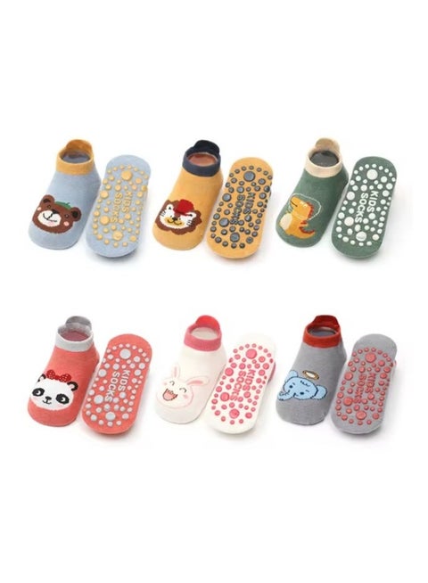 6 Pairs Kids Cotton Socks Cute Cartoon Animal Pattern Comfy Breathable Baby Non-slip Floor Socks(M, 1-3Years, 12-13cm)