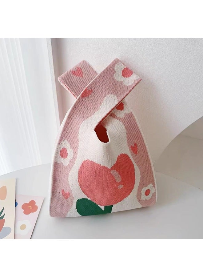 Festival Knitted Bag Accompanying Gift Bag Full Moon Gift Wedding Banquet Gift Bag 61 Children's Day Exquisite Gift Handbag Tote Bag-Color:Big Pink Flowers-Size:20*10*36 - Image 1