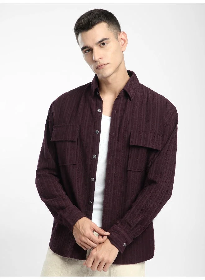 Beyoung French Wine Structured Stripe Shirt