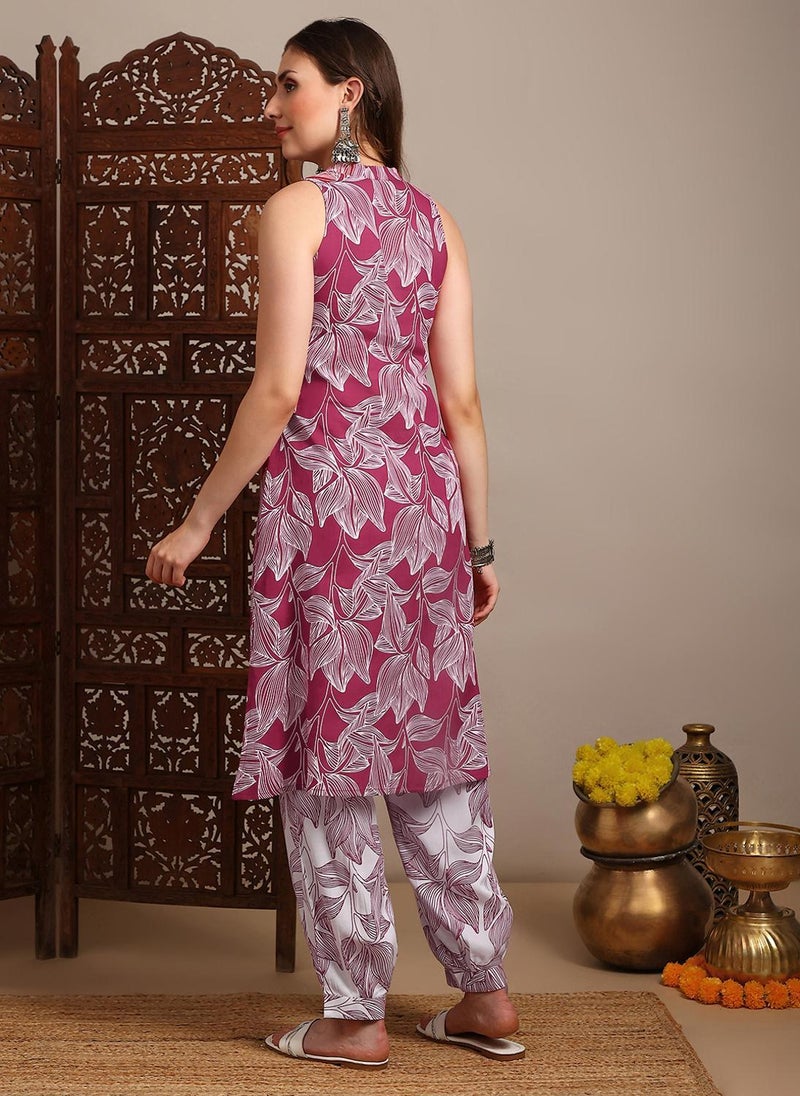 Globus Women Pink V-Neck Sleeveless Abstract Print A-Line Kurta With Pants Fusion Set - Image 4