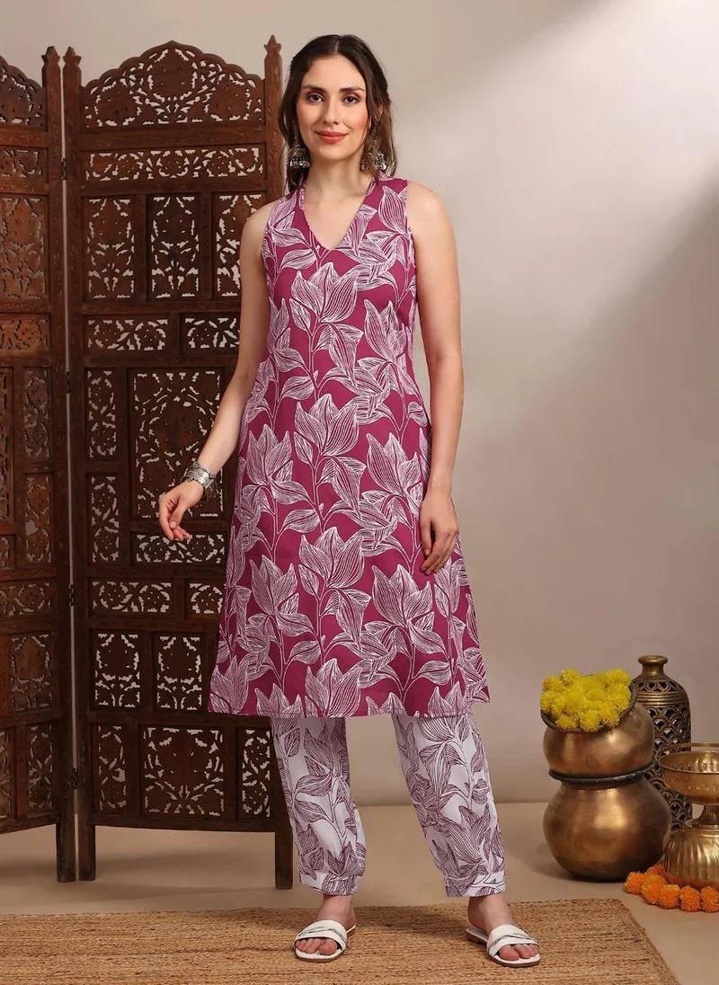 globus Globus Women Pink V-Neck Sleeveless Abstract Print A-Line Kurta With Pants Fusion Set