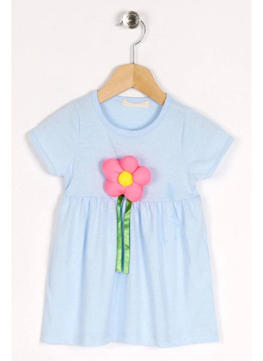 Zepkids Crew Neck Short Sleeve Puffy Flowered Blue Color Girl Dress