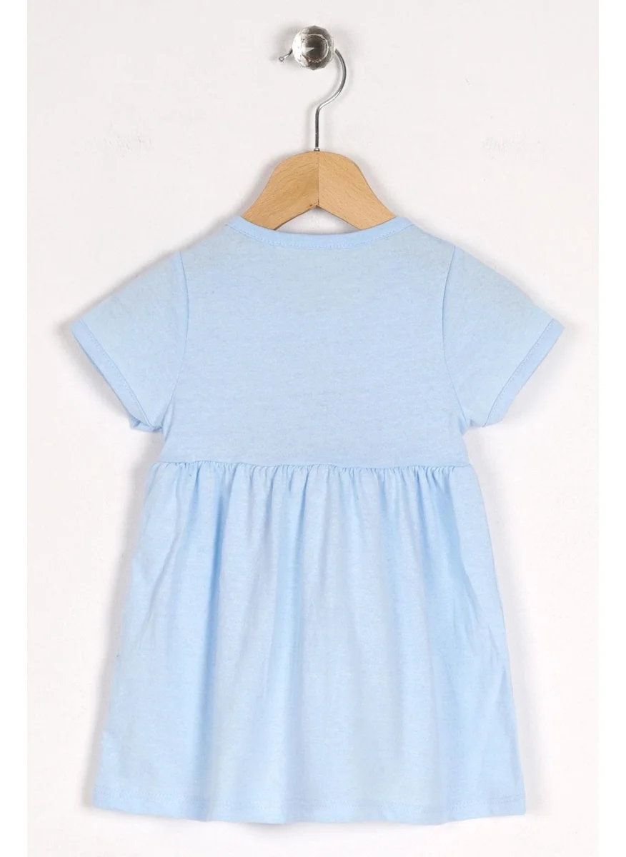 Zepkids Crew Neck Short Sleeve Puffy Flowered Blue Color Girl Dress