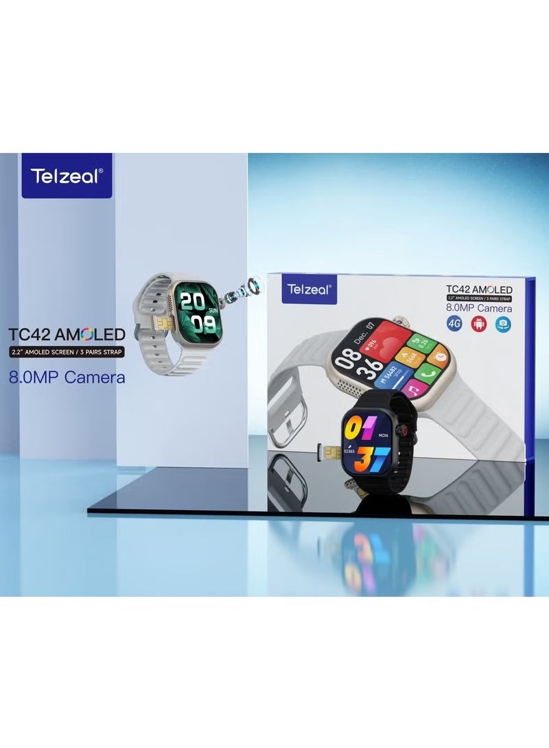 Telzeal TC42 AMOLED 4G Smartwatch with 2.2 Inch AMOLED Display, 8MP Camera, SIM Card Slot, 3 Pairs of Straps, and Charging Cable – Designed for Ladies and Gents, Silver - Image 4