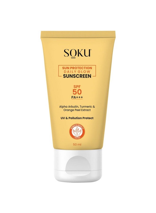 SOKU Sun Protection Daily Glow Sunscreen SPF 50 for All Skin Types | PA++++ with Alpha Arbutin, Turmeric and Orange Extract | For Men & Women | UVA & UVB Filters | No White Cast, Non Greasy (50ml) - Image 1