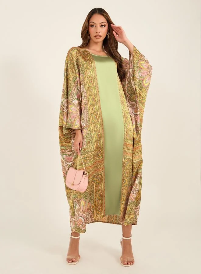تايك تو Take Two Printed Satin Round Neck Batwing Sleeve Kaftan