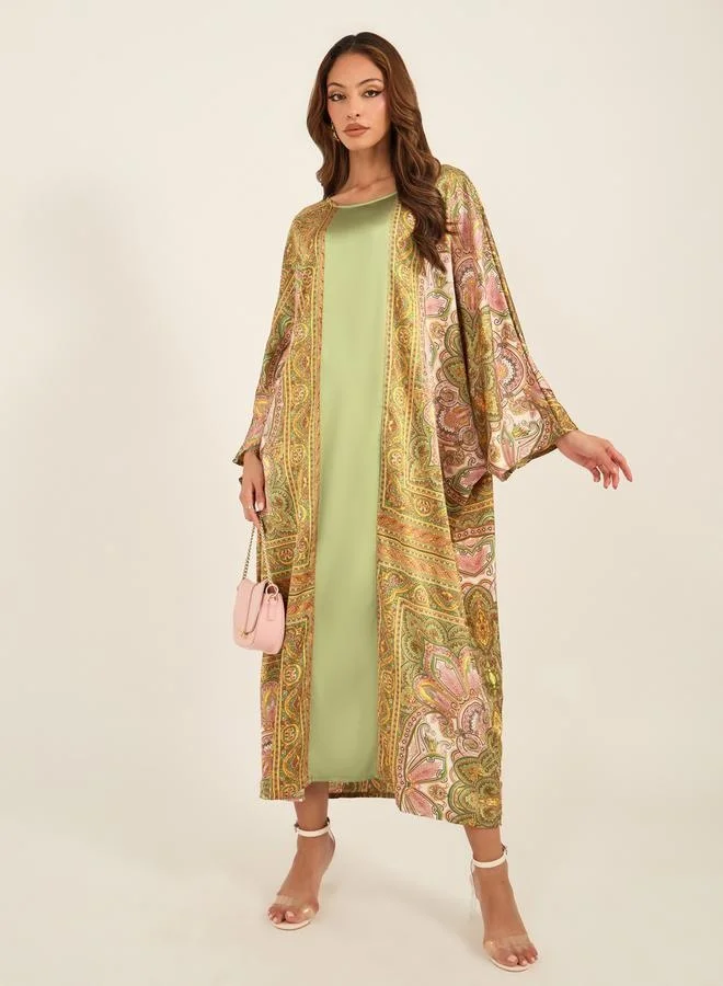 تايك تو Take Two Printed Satin Round Neck Batwing Sleeve Kaftan
