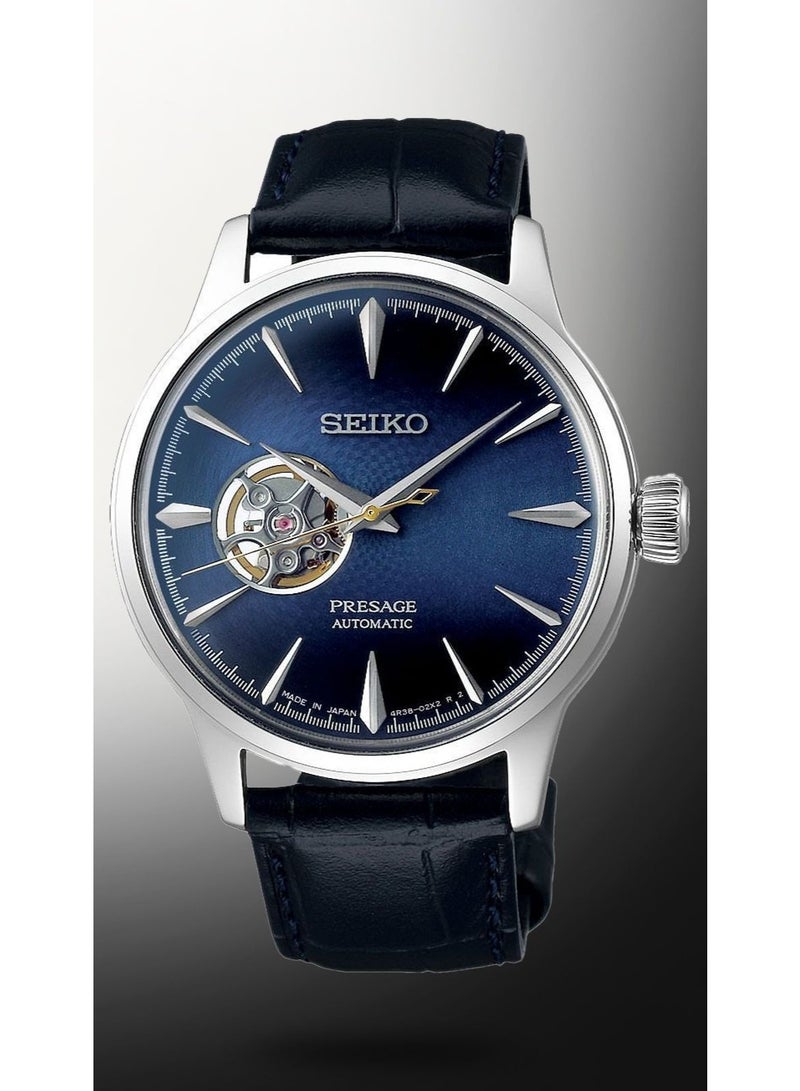 Seiko ساعة أوتوماتيكية بريسايج SSA405، 40.5 مم، قرص أزرق مفتوح القلب، علبة من الفولاذ المقاوم للصدأ، حزام جلدي، مقاومة للماء حتى 50 م - Image 1
