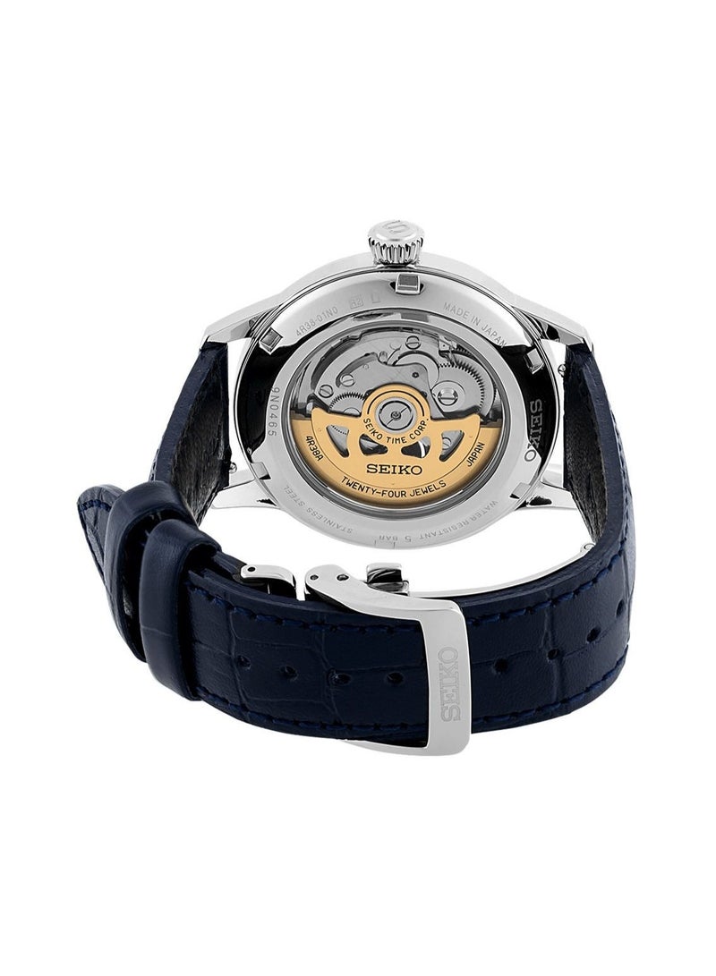 Seiko ساعة أوتوماتيكية بريسايج SSA405، 40.5 مم، قرص أزرق مفتوح القلب، علبة من الفولاذ المقاوم للصدأ، حزام جلدي، مقاومة للماء حتى 50 م - Image 2