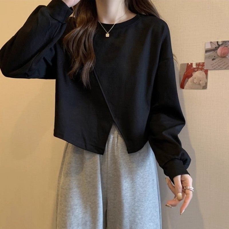 Petite Irregular Hem Cropped Hoodie Spring Thin Top Black, good quality, no pilling