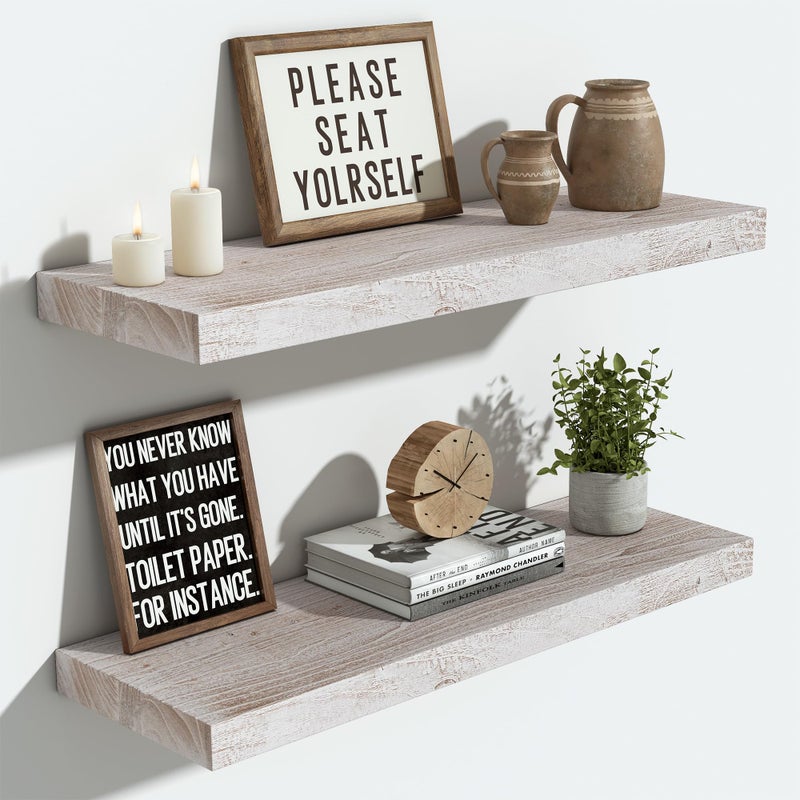 Vivelove Elm Floating Shelves for Wall Solid Wood, 24 Inches Long Rustic Wall Shelf with Invisible Bracket for Living Room Bedroom Bathroom Office, Farmhouse Display Shelf, Set of 2 - Weathered White - Image 1