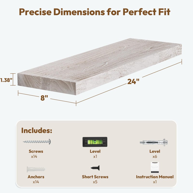 Vivelove Elm Floating Shelves for Wall Solid Wood, 24 Inches Long Rustic Wall Shelf with Invisible Bracket for Living Room Bedroom Bathroom Office, Farmhouse Display Shelf, Set of 2 - Weathered White - Image 2