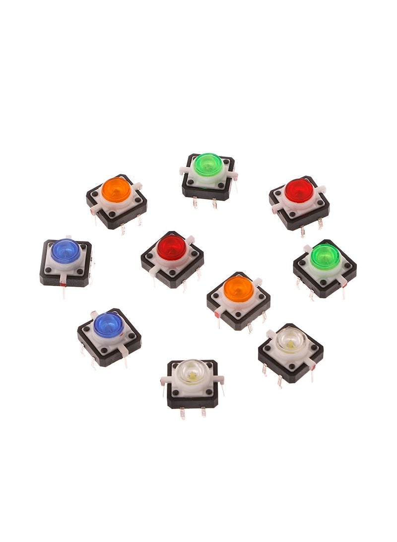 KNP 10 pcs LED Light Momentary Tactile Push Button Switches each sized at 12x12x7.3mm and 5 different colors These tactile switches are ideal for various electronics projects offering a momentary action the switch remains active only while being pressed making it suitable for control panels DIY electronics and prototyping. - Image 1