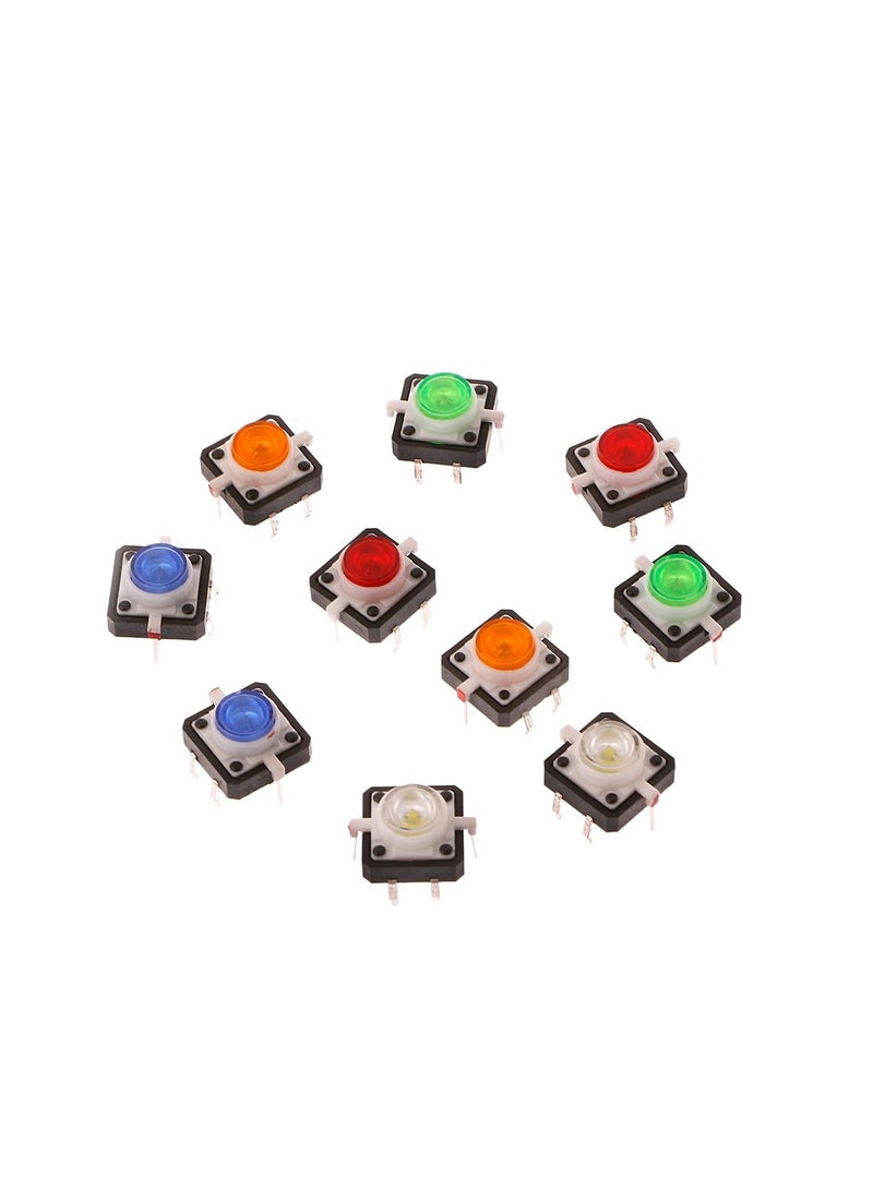 KNP 10 pcs LED Light Momentary Tactile Push Button Switches each sized at 12x12x7.3mm and 5 different colors These tactile switches are ideal for various electronics projects offering a momentary action the switch remains active only while being pressed making it suitable for control panels DIY electronics and prototyping. - Image 3