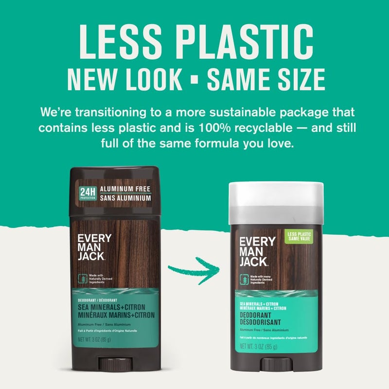Every Man Jack مزيل عرق للرجال من إيفري مان جاك مع معادن البحر + الليمون - ابقَ منتعشًا مع مزيل عرق خالي من الألمنيوم لجميع أنواع البشرة - يقضي على الروائح، يدوم طويلاً، مع مكونات طبيعية - 3 أونصات (عبوتان)  - Image 2