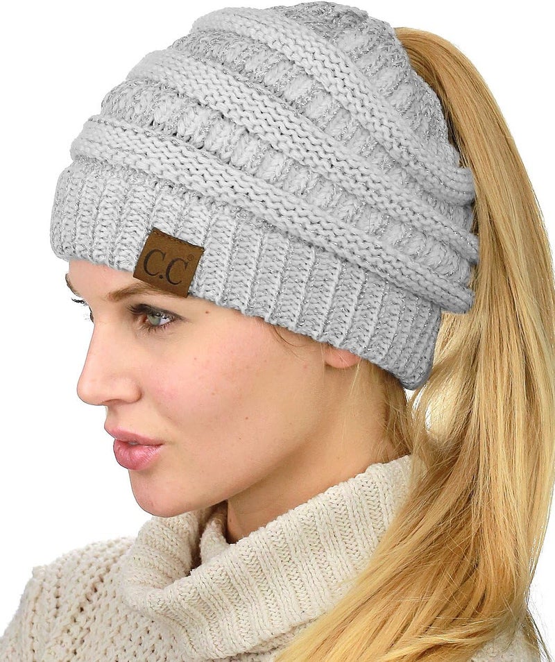 Cc Exclusives Soft Stretch Cable Knit Messy Bun Ponytail Beanie Winter Hat for Women (MB-20A) - Image 1