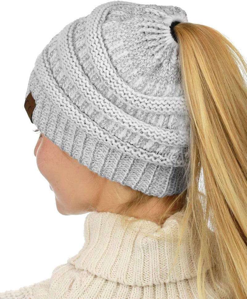 Cc Exclusives Soft Stretch Cable Knit Messy Bun Ponytail Beanie Winter Hat for Women (MB-20A) - Image 2