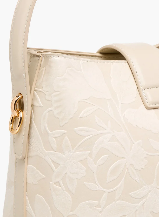 ايل Floral Embossed Shoulder Bag with Button Closure