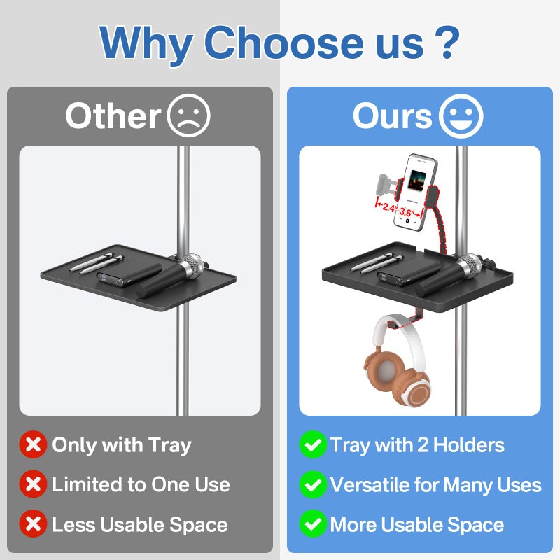 Chunxiao Functional Microphone Stand Tray with Adjustable Mic Stand Phone Holder - 8.7"x6.5" Mic Stand Tray Shelf Clamp-On Music Stand Accessory for Live Streaming Karaoke Recording - Image 2