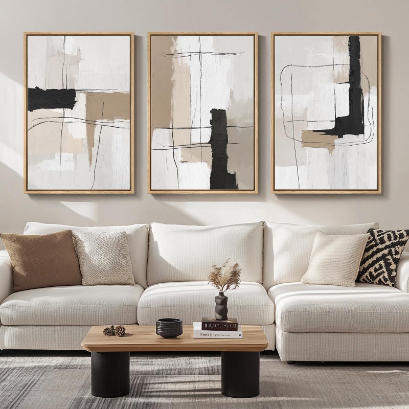 Cuspin Large Framed Neutral Abstract Wall Art for Living Room, Set of 3 Modern Black and White Beige Canvas Prints Paintings Artwork for Walls, Minimalist Pictures for Bedroom Hallway Wall Decor 24x36 In - Image 1